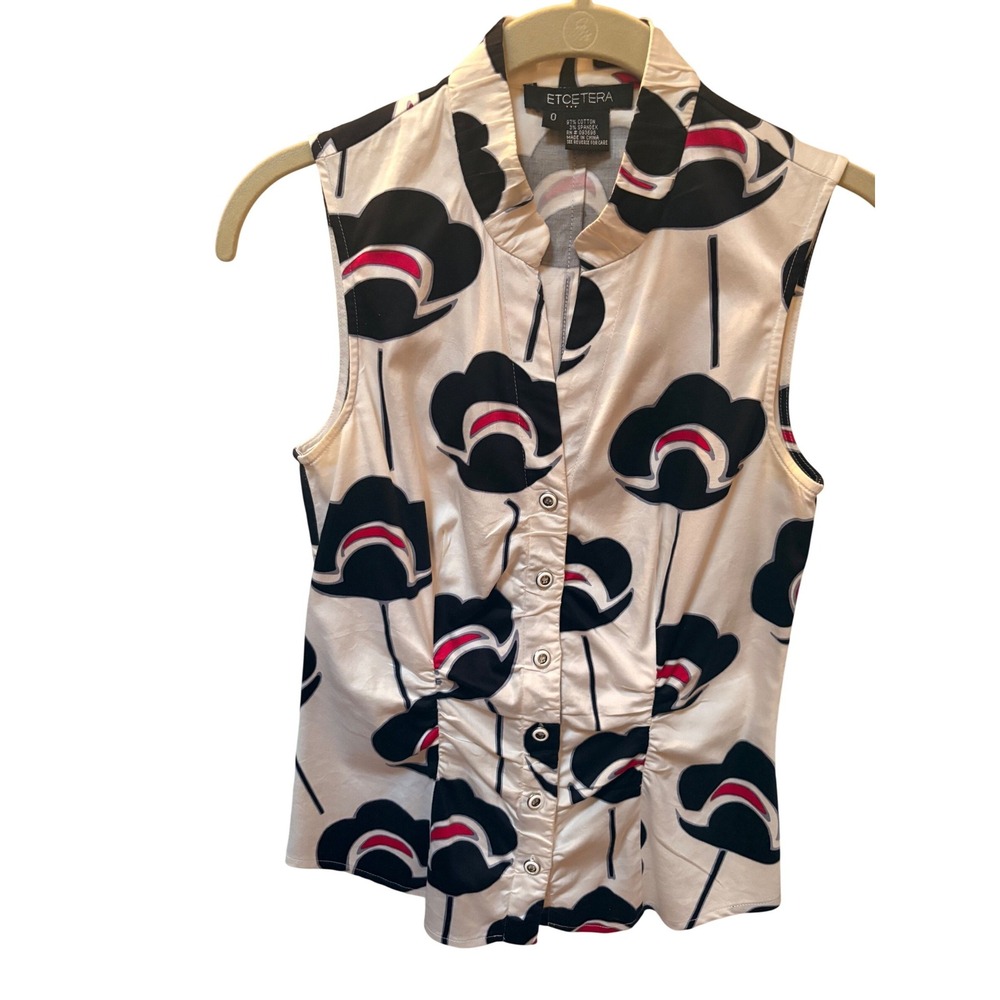 Etcetera Womens Sleeveless Graphic Floral Button Down Blouse White Black Pink 0